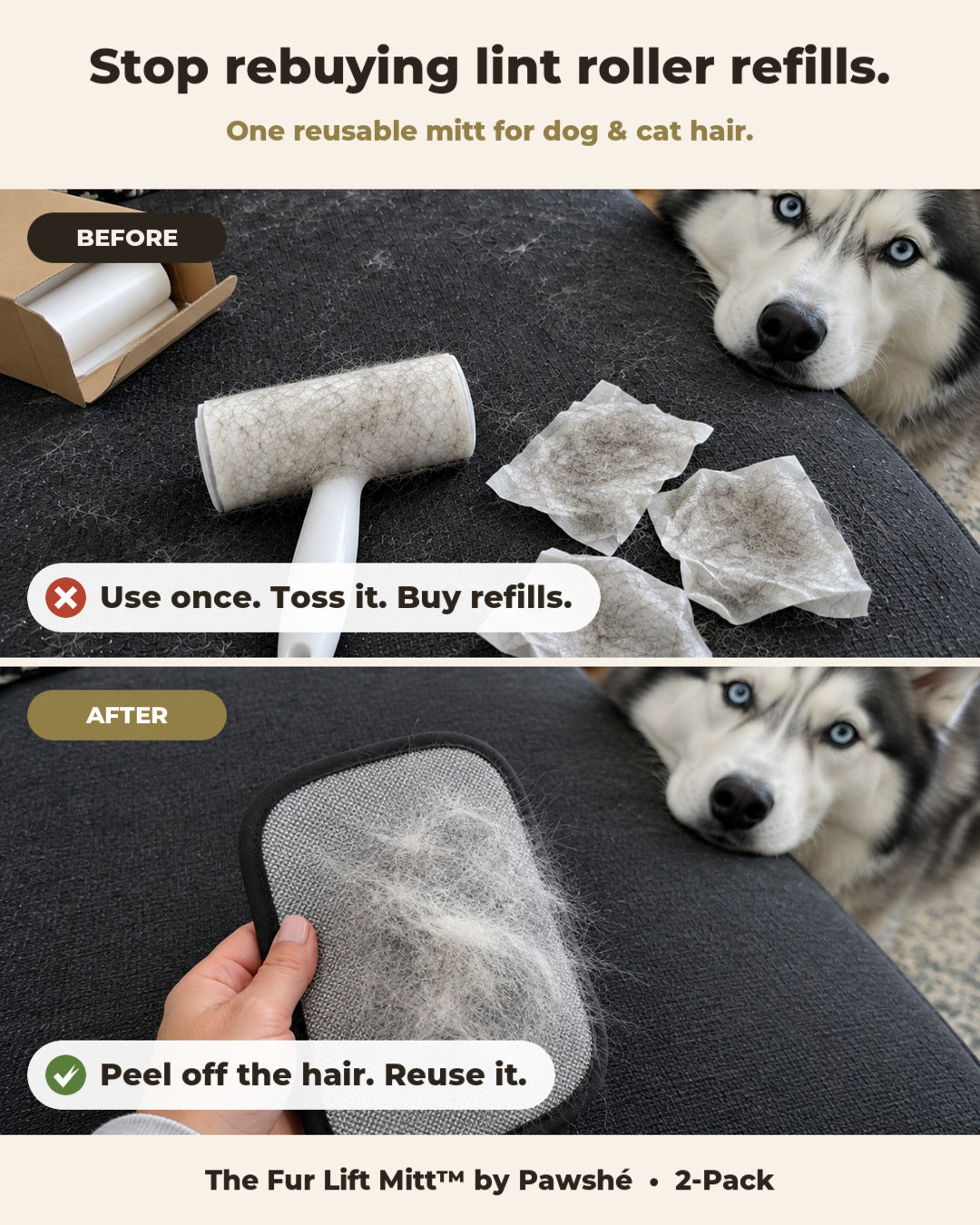 Lint roller vs Fur Lift Mitt: reusable, no refills