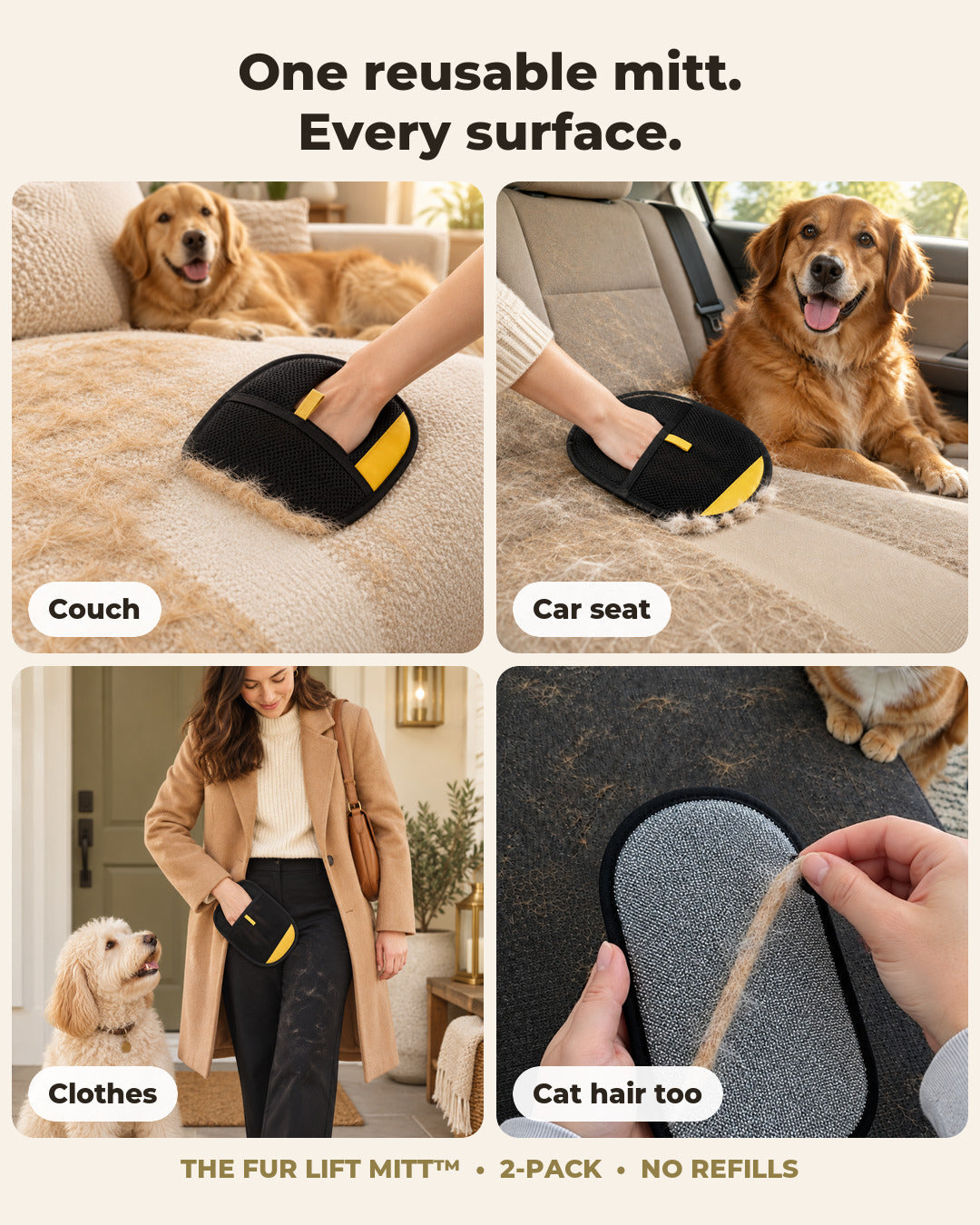 Fur Lift Mitt works on couch, car seat, clothes and cat hair