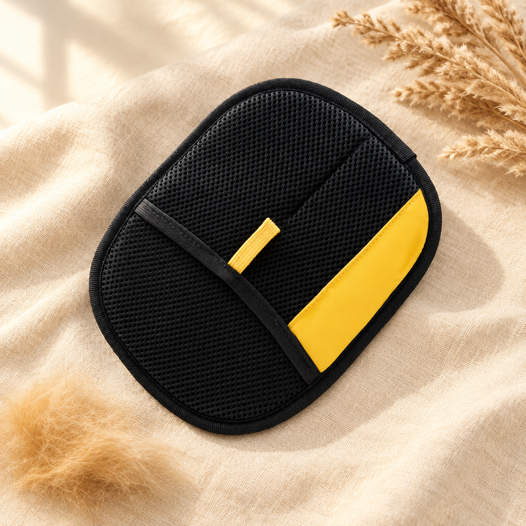 The Fur Lift Mitt by Pawshé, black mesh back with yellow pull tab