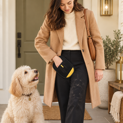 Swiping dog hair off clothes before leaving the house
