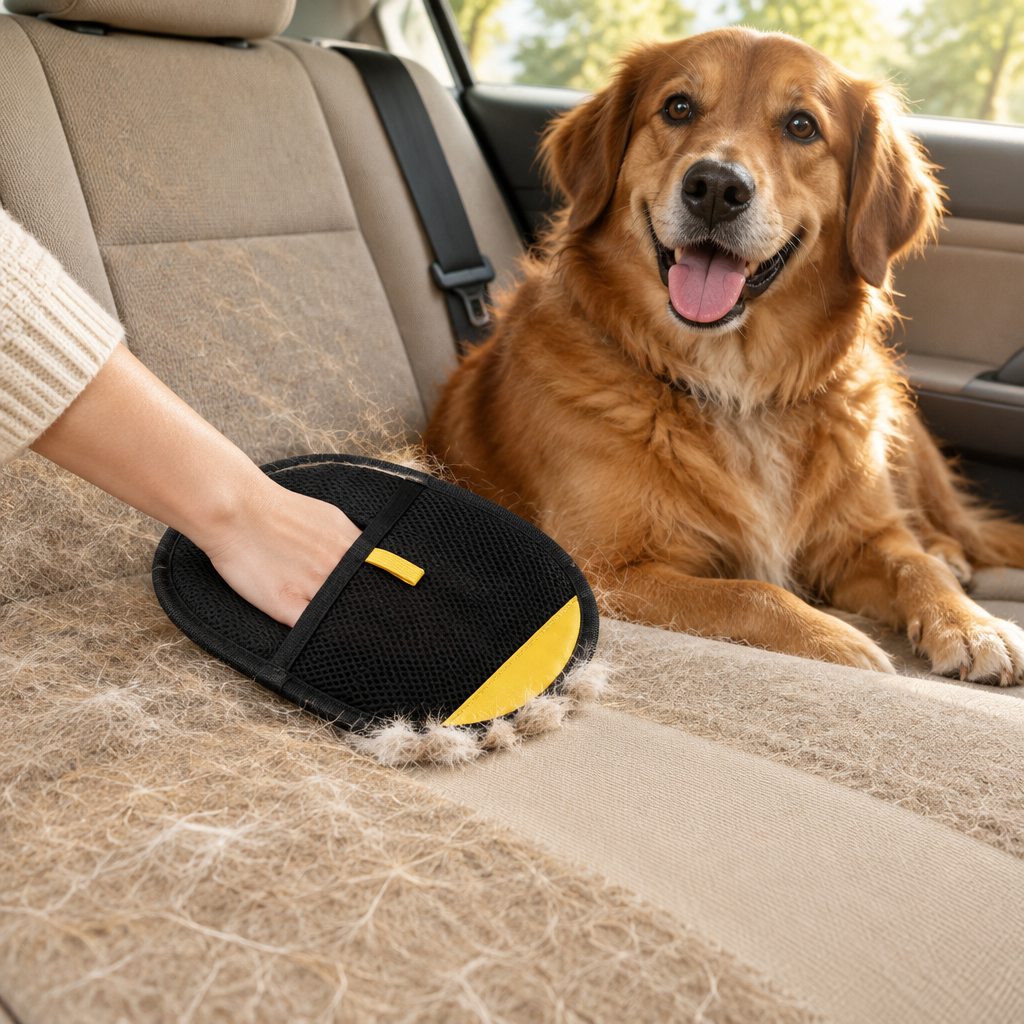 Removing dog hair from a car seat with the Fur Lift Mitt