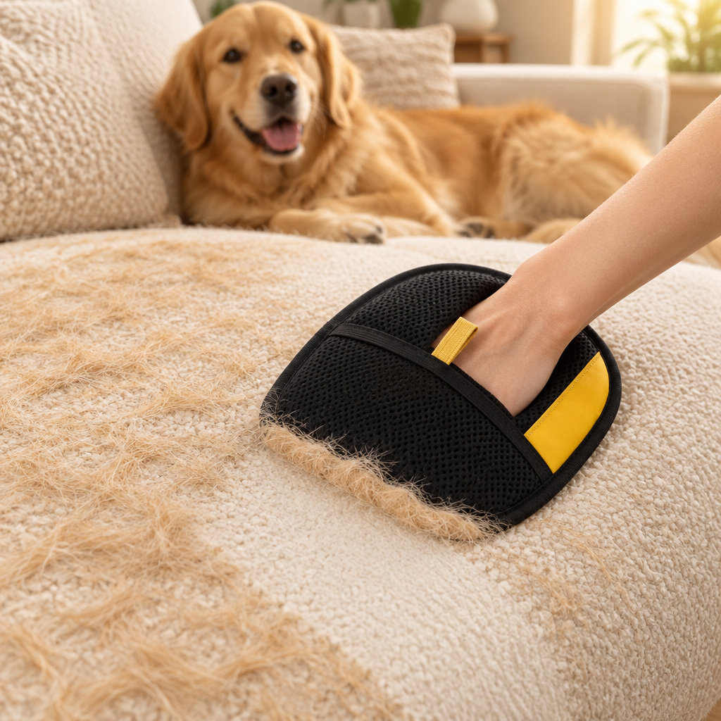 Fur Lift Mitt removing golden retriever hair from a sofa